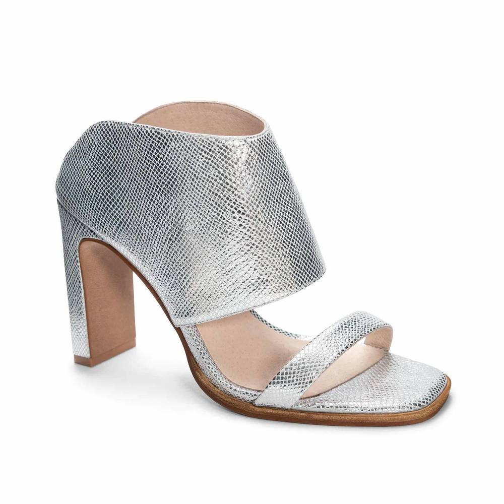 NEW 42 GOLD women's scaly metallic slide with ankle cuff in silver